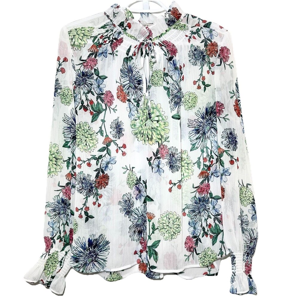 LOFT Floral Sheer Blouse Large Ruffle Neck Tie Front Smocked Sleeve Top